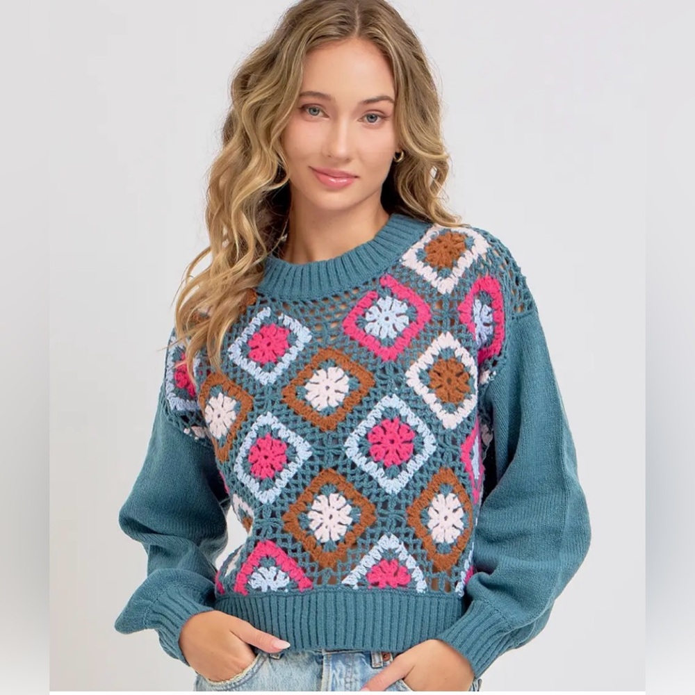 NY & Co Debut Teal Crochet Patchwork Knit Sweater NWT Sz M/L